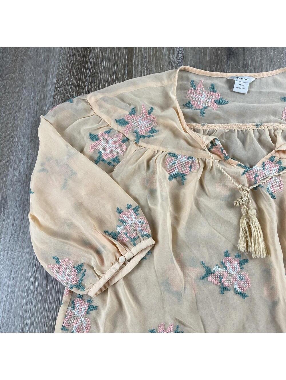 Ariat Women's Roxanne Embroidered Blouse S Boho Floral Sheer Tassel Top - Picture 3 of 16